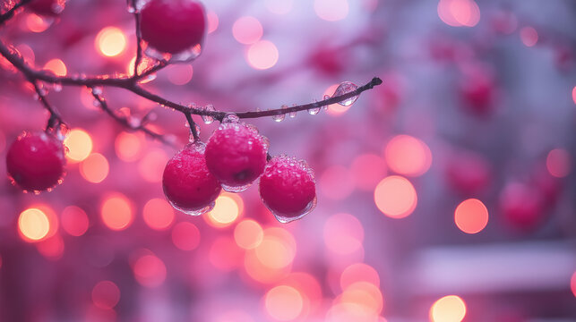 Icy red berries on a branch with a blurred pink bokeh background. Could be used for winter holiday blogs, festive backgrounds, or romantic themes. - Powered by Adobe