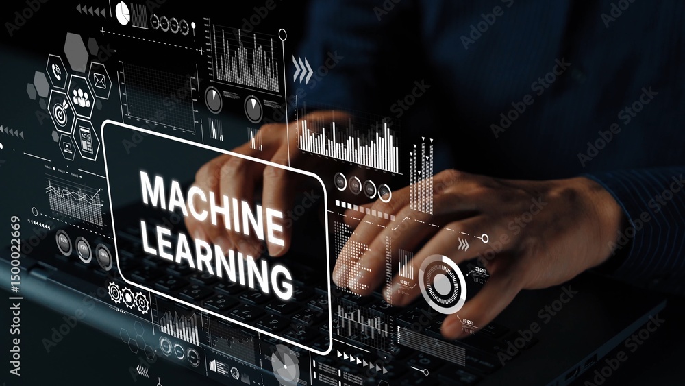 Poster modern hands typing on laptop with digital machine learning graphics in a futuristic environment. as