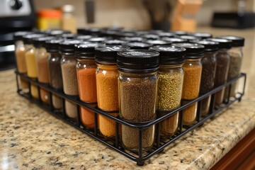 A collection of spice jars with labels, arranged neatly on a spice rack in a kitchen