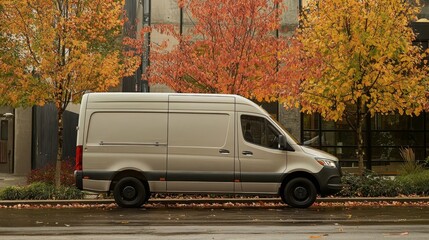 Within the urban environment, a delivery van showcases the beauty of fall.