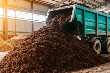 A large pile of compost is unloaded in a warehouse setting.