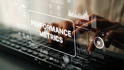 Naklejka na ściany i meble Digital Data Analysis with Performance Metrics Displayed on a Computer Screen in a Modern Office Environment. Asymptotic smart data analytic.