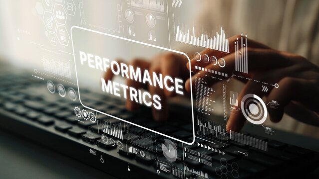 Digital Data Analysis with Performance Metrics Displayed on a Computer Screen in a Modern Office Environment. Asymptotic smart data analytic.