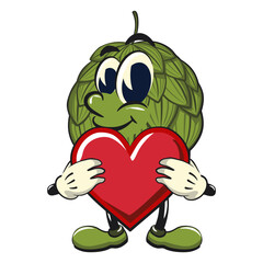 vintage hops vektor illustration mascot character hold the heart with love, work of hand drawn
