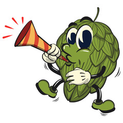 vintage hops vektor illustration mascot character blow the party horn trumpet, work of hand drawn