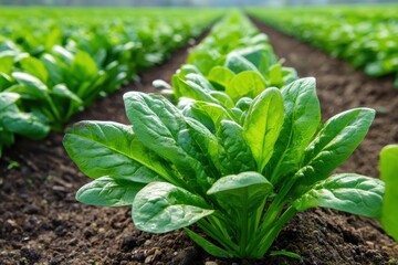 Rows of fresh young spinach plants in the garden or on the farm