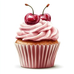 Detailed illustration of a pink frosted cupcake topped with two cherries