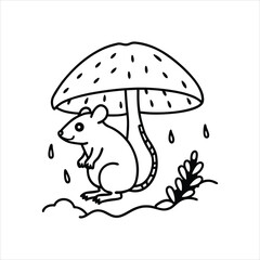  Mouse Under Mushroom in Rain Line Art Vector