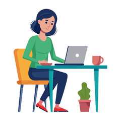 young woman working on laptop,  girl with laptop on the chair on transparent background