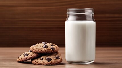 Chocolate chip cookies are stacked next to a glass jar filled with milk on a wooden surface.