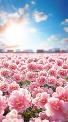 A stunning landscape showcasing a sea of pink blooms against azure skies.