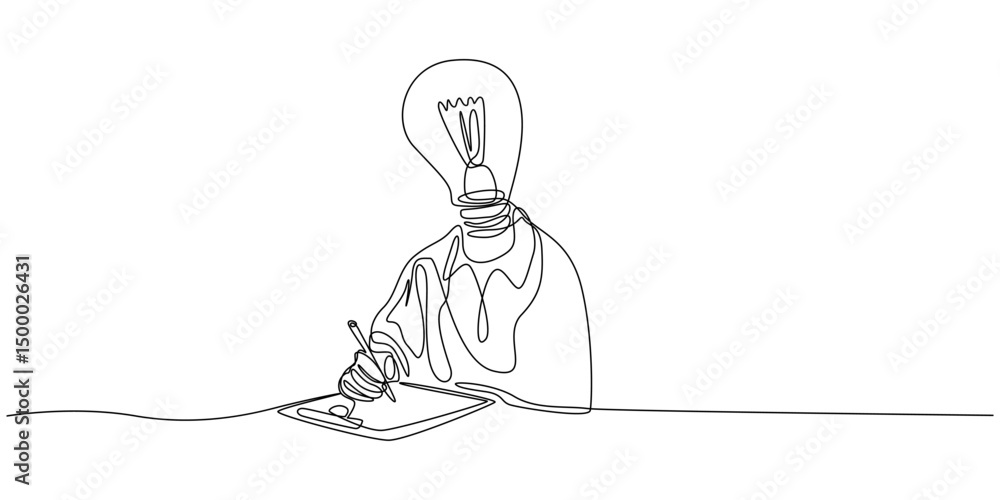 Poster head lamp person replace with bulb lamp writing notes continuous one line drawing, head lamp person 