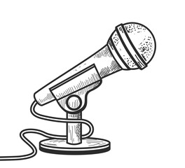 old style microphone drawing on white, retro mic with wire sketch vector illustration
