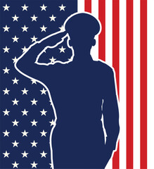 Patriotic soldier silhouette saluting against a bold American flag backdrop. Minimalist navy, red, and white design in profile view, facing left, with hand over heart.