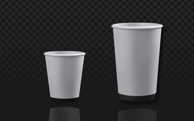 two realistic white paper cups, showcasing various sizes. Perfect for coffee, tea, and beverage mockups. Isolated on a transparent background.