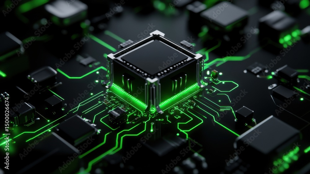 Poster a microchip surrounded by intricate green circuits illuminated against a dark backdrop. the design s