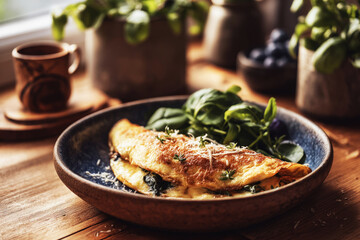 Start the day with a seasonal breakfast featuring a tasty spinach and cheese omelet accompanied by fresh greens and herbs, showcasing simple culinary delights