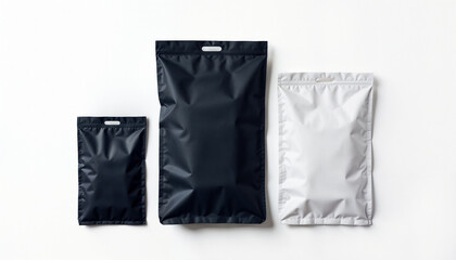 Fototapeta premium Assorted black and gray packaging bags on a white background with copy space