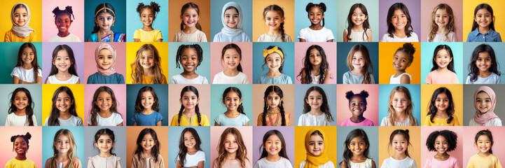 A cheerful and colorful collage of portraits of 6-8 year old, featuring happy girls from various cultures and diverse nationalities, all with radiant smiles against a bright and colorful backdrop