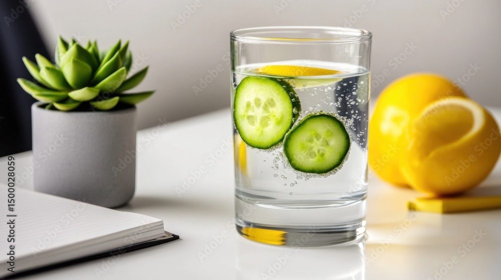 Poster a refreshing drink made with cucumber slices and lemon floats in a clear glass. nearby is a small po