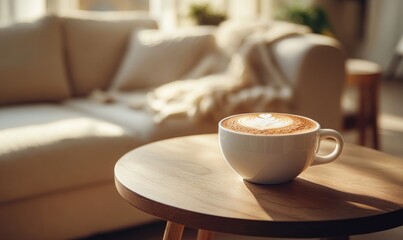 Fototapeta premium Latte art on a wooden table in a cozy living room