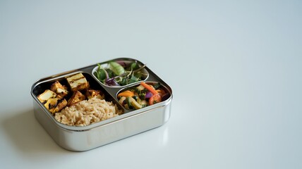 Healthy Tiffin for Fitness Meal Plan, Stainless steel lunchbox with paneer tikka, rice, and vegetables