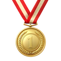 Gold medal with red ribbon isolated on white background