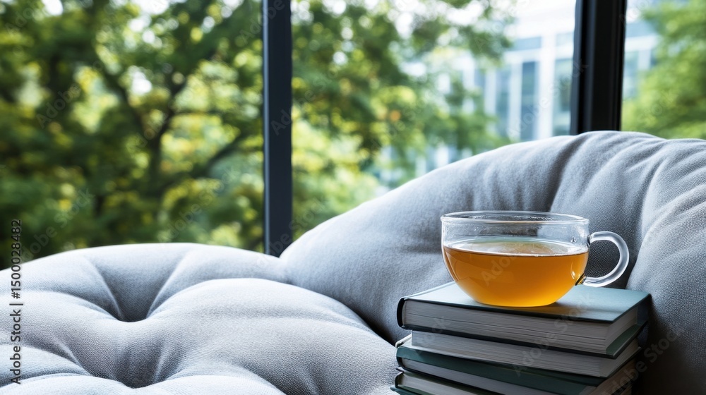 Poster a serene reading nook features a transparent cup of tea resting atop neatly stacked books. sunlight 