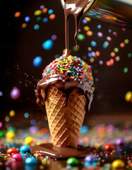 Generated Image of Ice cream cones being dipped into chocolate and sprinkled with rainbow toppings