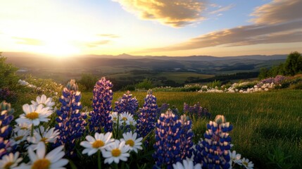 Fototapeta premium Golden sunlight spills over a serene meadow filled with blooming daisies and blue lupines, framing rolling hills under a clear sky at dawn