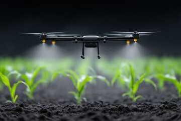 Agriculture drone spraying corn field with insecticide or fertilizer