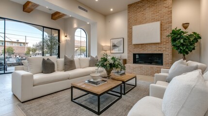 Fototapeta premium Bright living room features minimalistic design, large steel doors, and cozy fireplace, creating a welcoming atmosphere with natural light