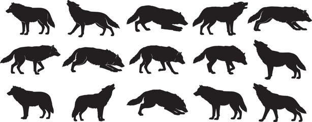 Obraz premium Wolf silhouette vector pack: howling, walking, running, standing, and lying animal clip art set