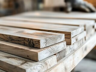 Stacked wooden planks on a workbench showcasing natural grain and texture for craftsmanship