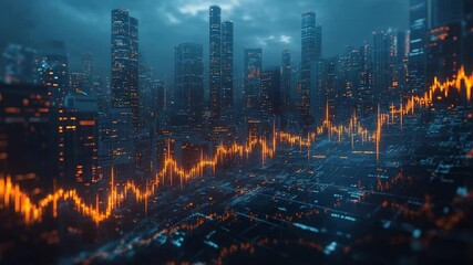 City skyline overlayed with an orange data graph - Powered by Adobe