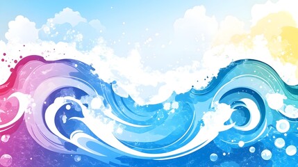 Vibrant rainbow-hued waves crash on a pastel beach under a cloudy sky, depicted in a stylized, watercolor-like illustration with splashes and bubbles