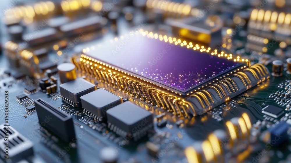 Poster the image captures a close-up of a microprocessor positioned on a circuit board. the intricate desig