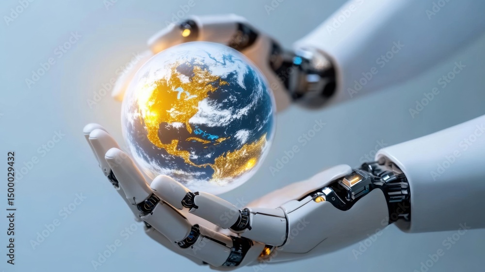 Aufkleber in a futuristic setting, robotic hands gently hold a luminescent globe illustrating earth. this repr