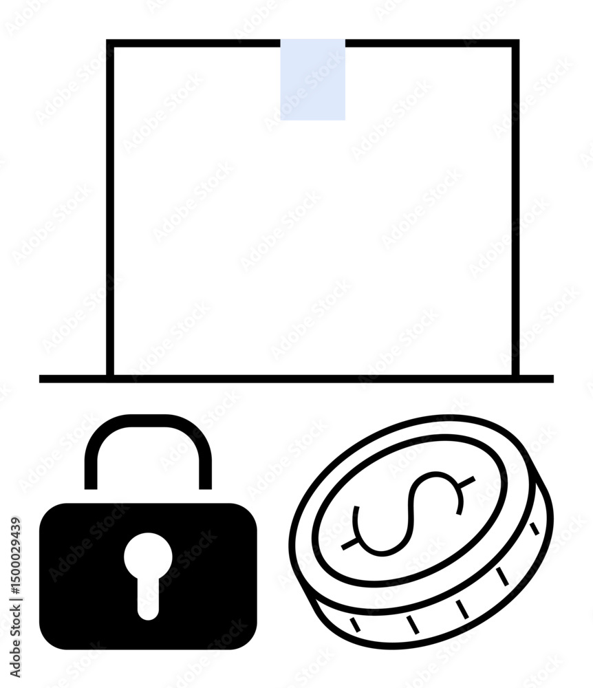 Poster screen with a tab, padlock symbolizing security, and coin representing online transactions. ideal fo