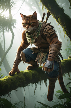 A brown cat warrior crouching on a moss-covered branch high in a dense jungle