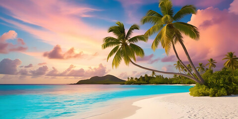 Fototapeta premium Tropical Beach Sunset with Turquoise Waters and Palm Trees