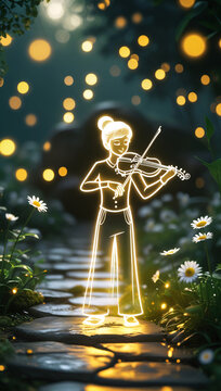 A glowing figure playing a bright violin, with a gentle expression, drawn in clear white lines, standing on a stone path in a magical garden.