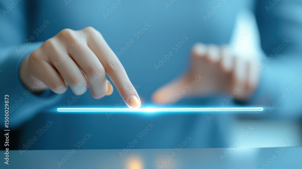 Poster interactive touchscreen table, a hand navigating the digital display of the future