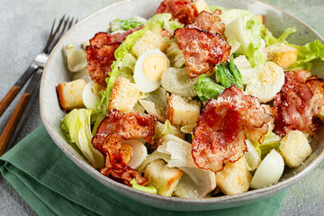 caesar salad with fried bacon, quail eggs, homemade, no people,
