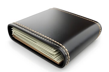 3D render of a stylish black leather wallet bursting with crisp banknotes, symbolizing financial prosperity, wealth accumulation, and successful budgeting, isolated on a pristine white background