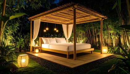Outdoor Bed with Night, and Bamboo Gazebo.