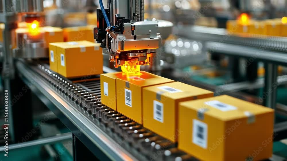Poster automated robotic arm placing cardboard boxes on conveyor belt in factory production line