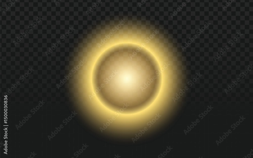 Poster glowing yellow light orb with radiating rays on a transparent black background, perfect for adding a