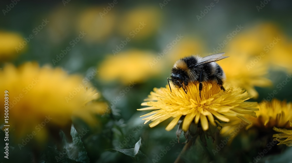Poster bee collecting nectar from a yellow dandelion with sharp focus and shallow depth of field