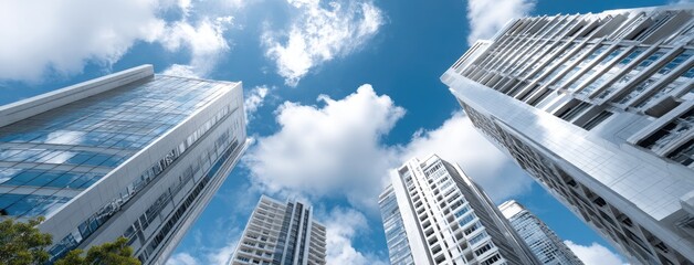 Tall glass skyscrapers reflect beautifully against the clear blue sky, showcasing a captivating architectural masterpiece